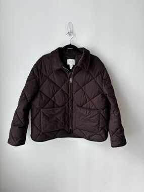 H&M Quilted Jacket Brown Corduroy Collar Thermolite Boxy Cropped Coat L